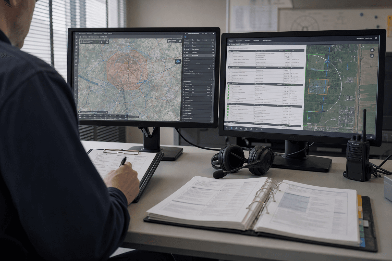 Operationsraum mit Flugkarten und Handbuch — Safety Management im LUC